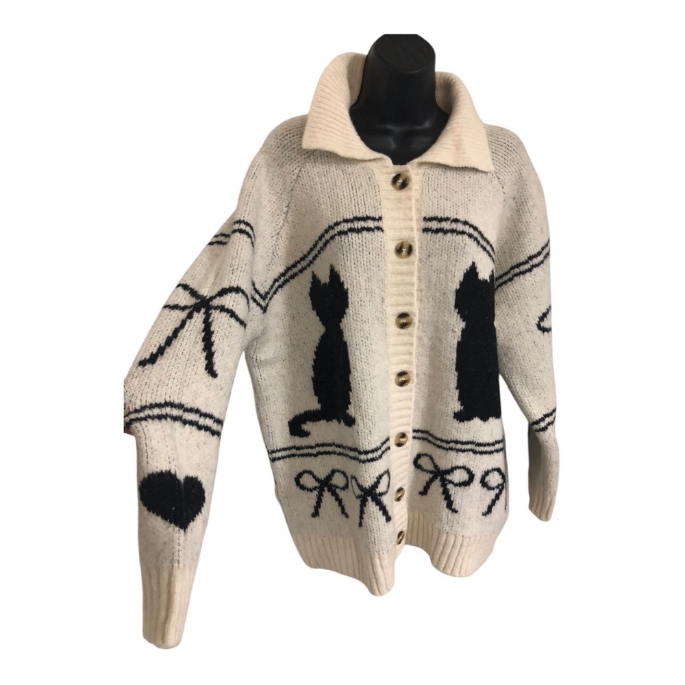 Cream black Cat printed oversized coatigan shawl collar cardigan sweater size XL